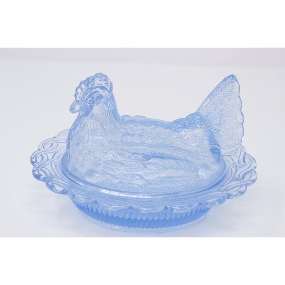 Mosser Glass Hen on Nest Basket 6 1/2" Split Tail Light Blue Carnival Wide Rim
